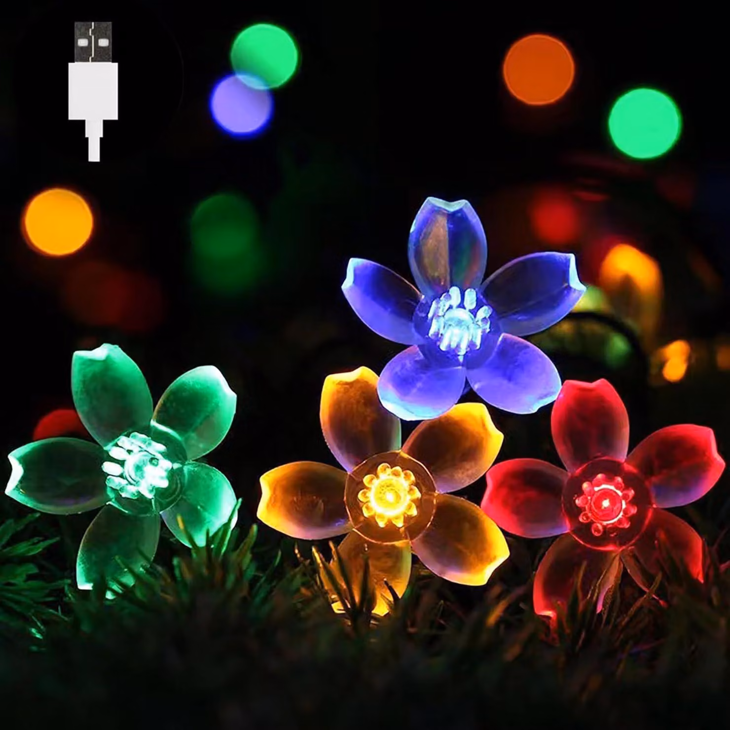 Catena luminosa a forma di fiori, 80 LED, alimentazione USB, multicolore, 10 metri