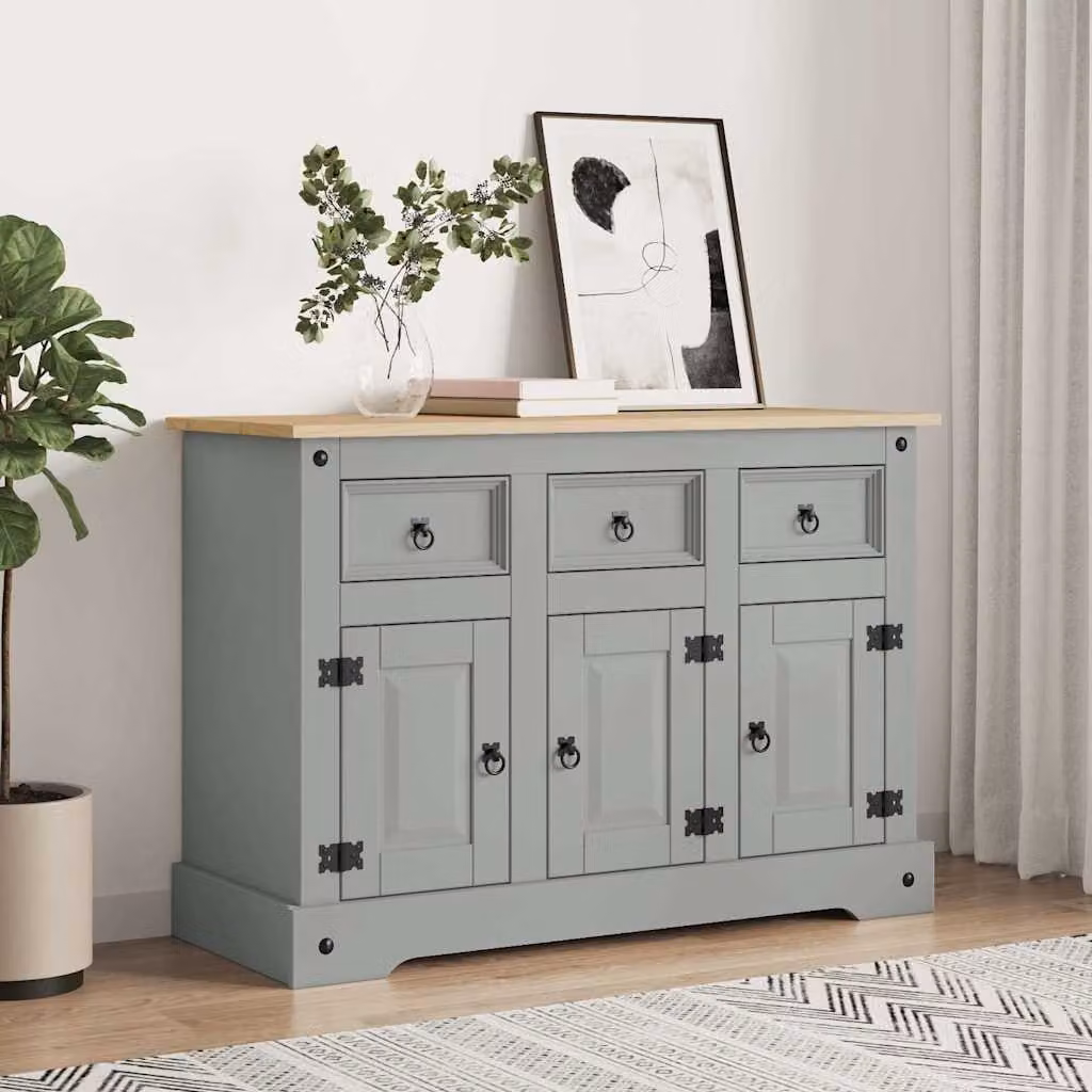 Credenza Corona vidaXL in legno di pino messicano grigio, stile rustico, L 112 x P 43 x H 78 cm