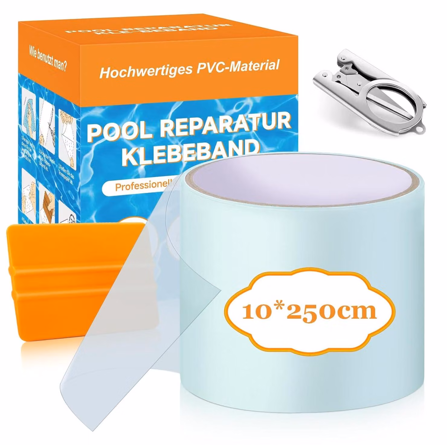 Kit di riparazione per piscine, 250 cm, 10 toppe, PVC autoadesivo, nastro adesivo impermeabile, per piscine