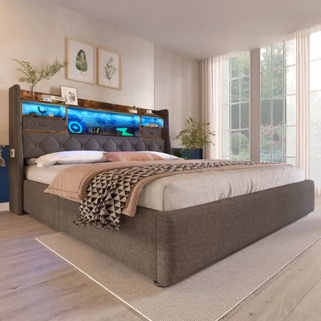 Letto matrimoniale imbottito 180 × 200 cm in lino grigio con vano idraulico testiera led e ricarica