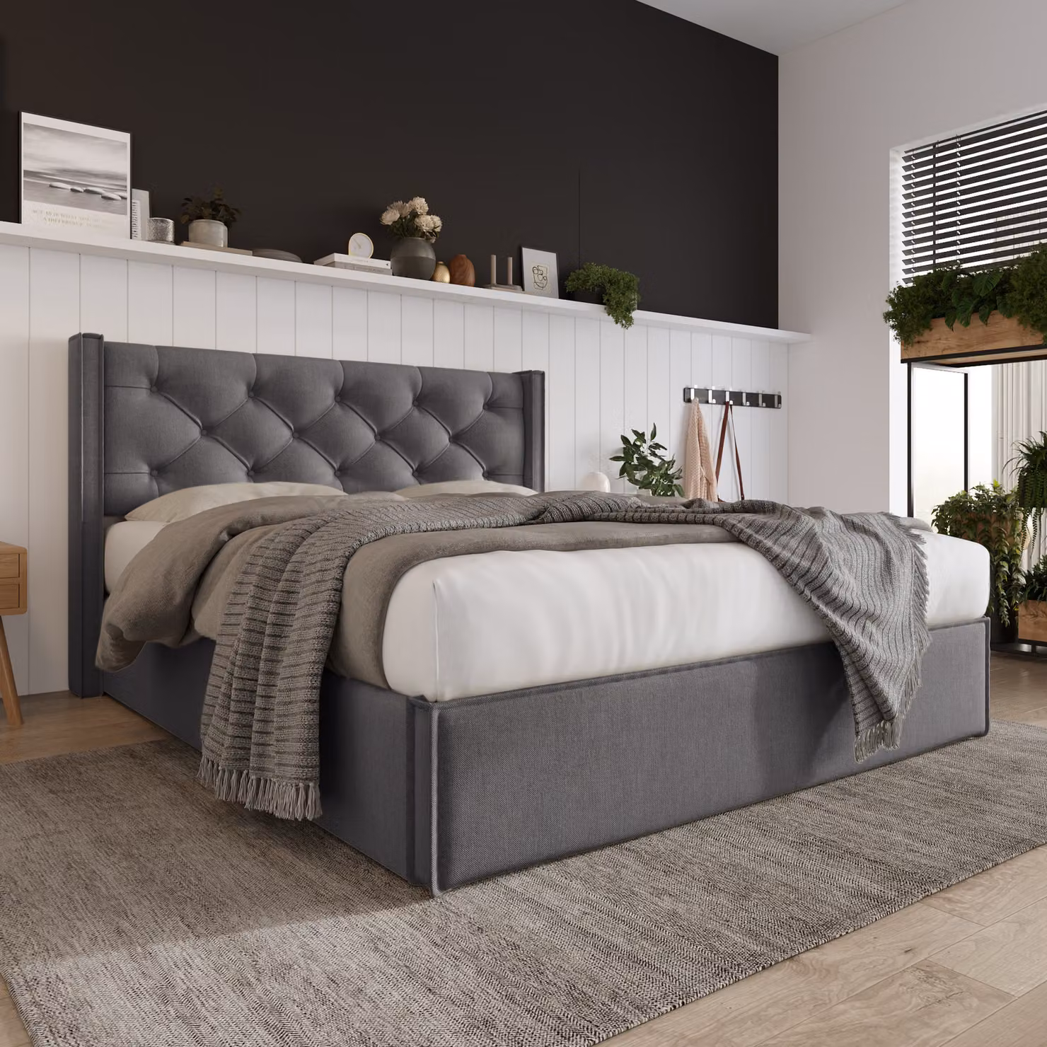 Letto matrimoniale con struttura a molle MODFU, imbottito, dimensioni 160x200 cm, con meccanismo idraulico, rete a doghe in metallo, senza materasso, colore grigio