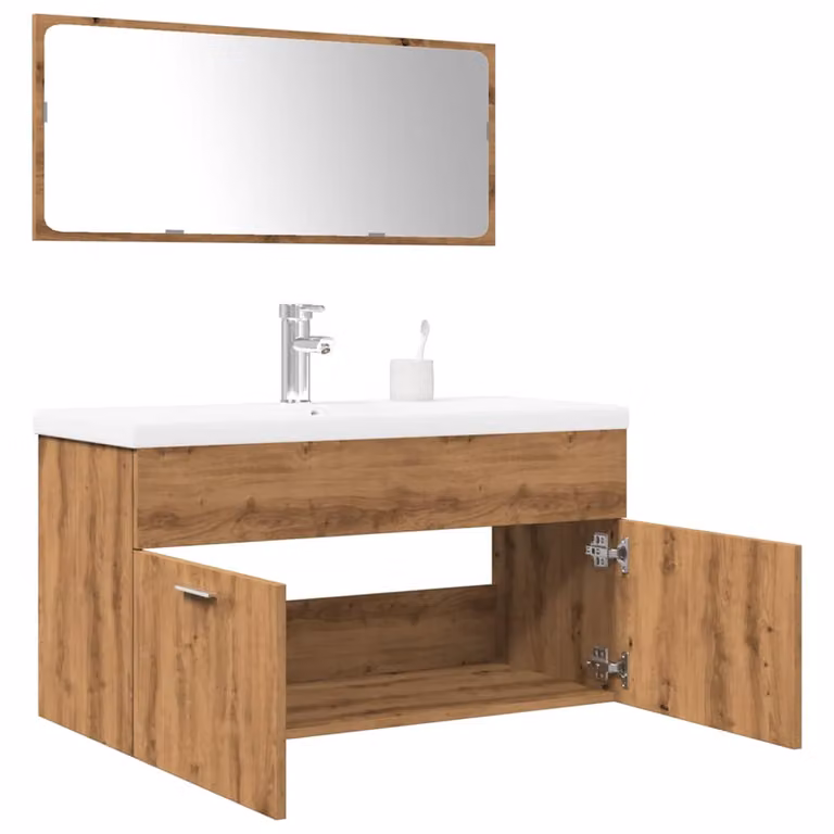 Set di mobili da bagno moderno vidaXL in legno multistrato color rovere e bianco, composto da 3 pezzi con mobile lavabo e pensili a muro, L/P/H: 90 x 38,5 x 46 cm