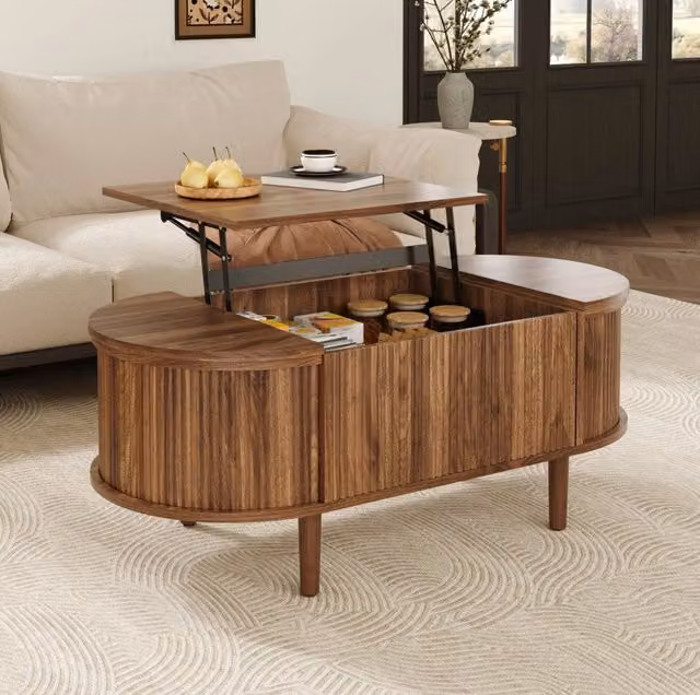 Tavolino da salotto rialzabile ovale MODFU in MDF color noce, L: 100 cm, P: 48 cm