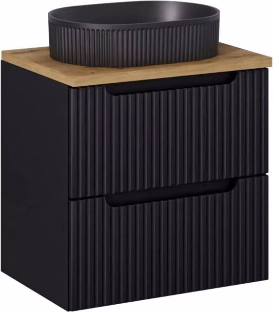 Insieme VANO 60cm: mobile sotto lavabo con cassetti + piano per lavabo effetto rovere + lavabo da appoggio nero opaco scanalato