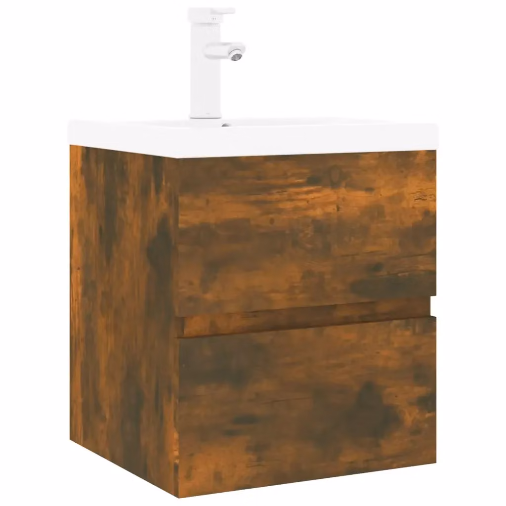 Mobile Bagno Sospeso vidaXL con Lavabo Integrato in Rovere Fumo e Bianco, Design Moderno con Cassetti e Ante, L/P/H: 76 x 45 x 38,5 cm – 2