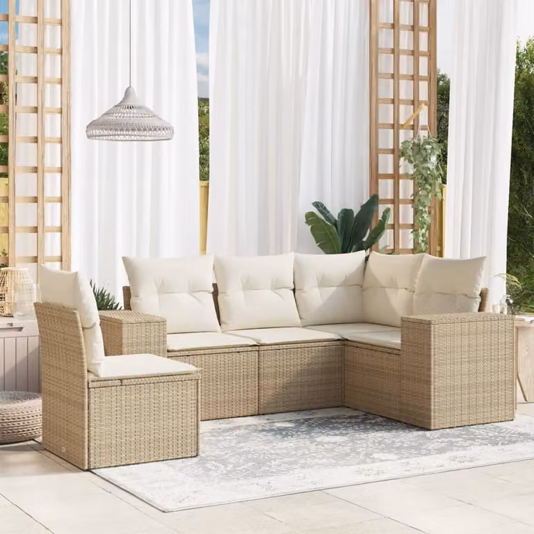 vidaXL Set Divano da Giardino a L 5 pz in Polyrattan con Cuscini Beige e Struttura in Metallo