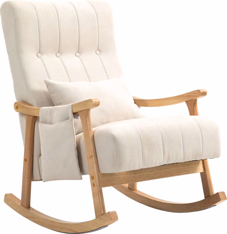 Fortuna Lai Sedia a dondolo imbottita con cuscino lombare Tasca laterale Poltrona relax Struttura in legno Effetto lino Per soggiorno Camera da letto Beige