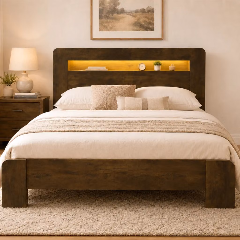 Letto moderno in legno color marrone con testiera contenitore, ripiani laterali e illuminazione LED, L/P: 140 x 200 cm – 2