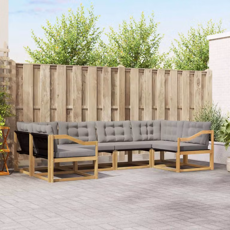 Set di divani da esterno vidaXL a forma di L composto da 6 pezzi in legno di acacia con cuscini in tessuto bianco e grigio