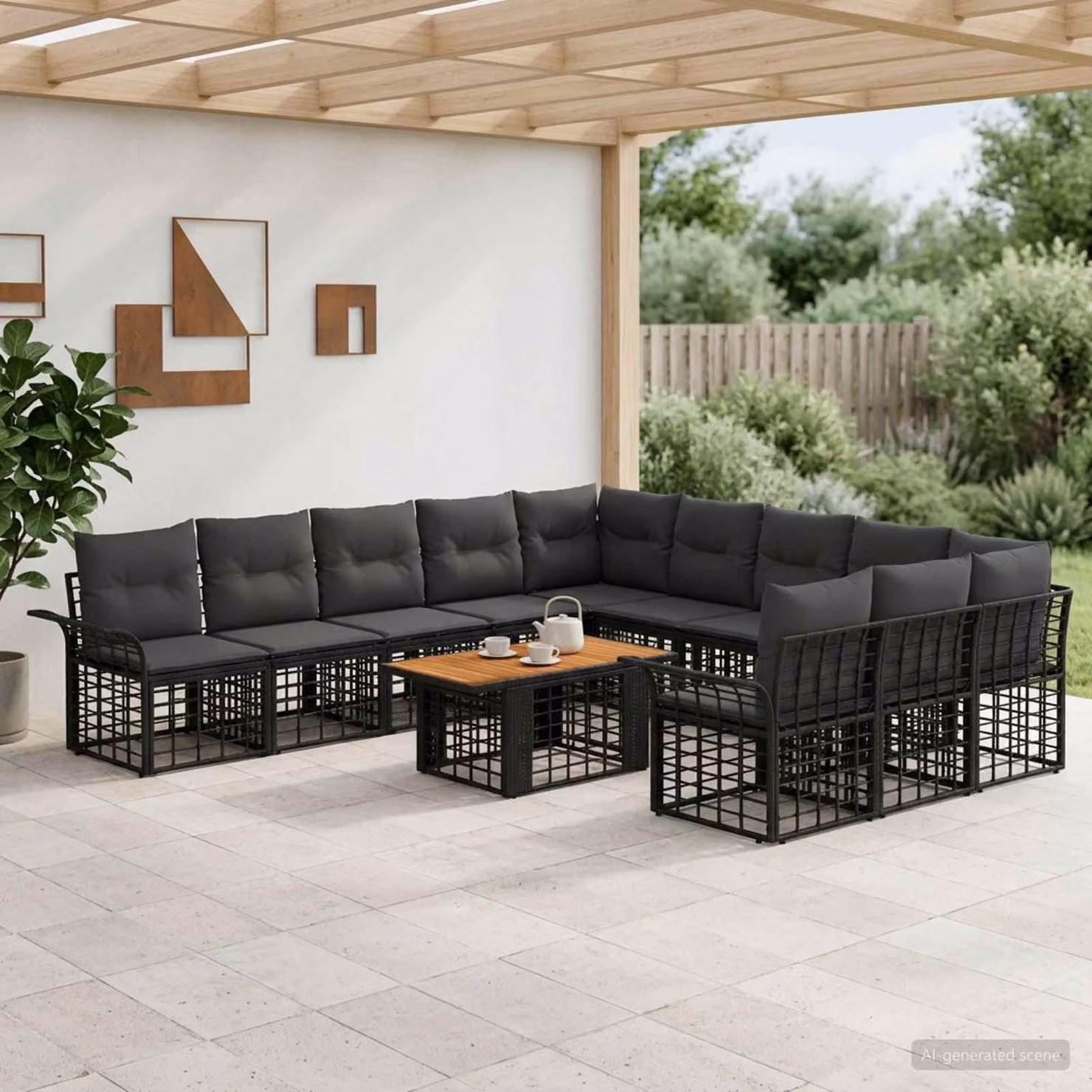 Set Divano da Giardino vidaXL a Forma a U in Polyrattan con Tavolino e Cuscini, Nero e Grigio