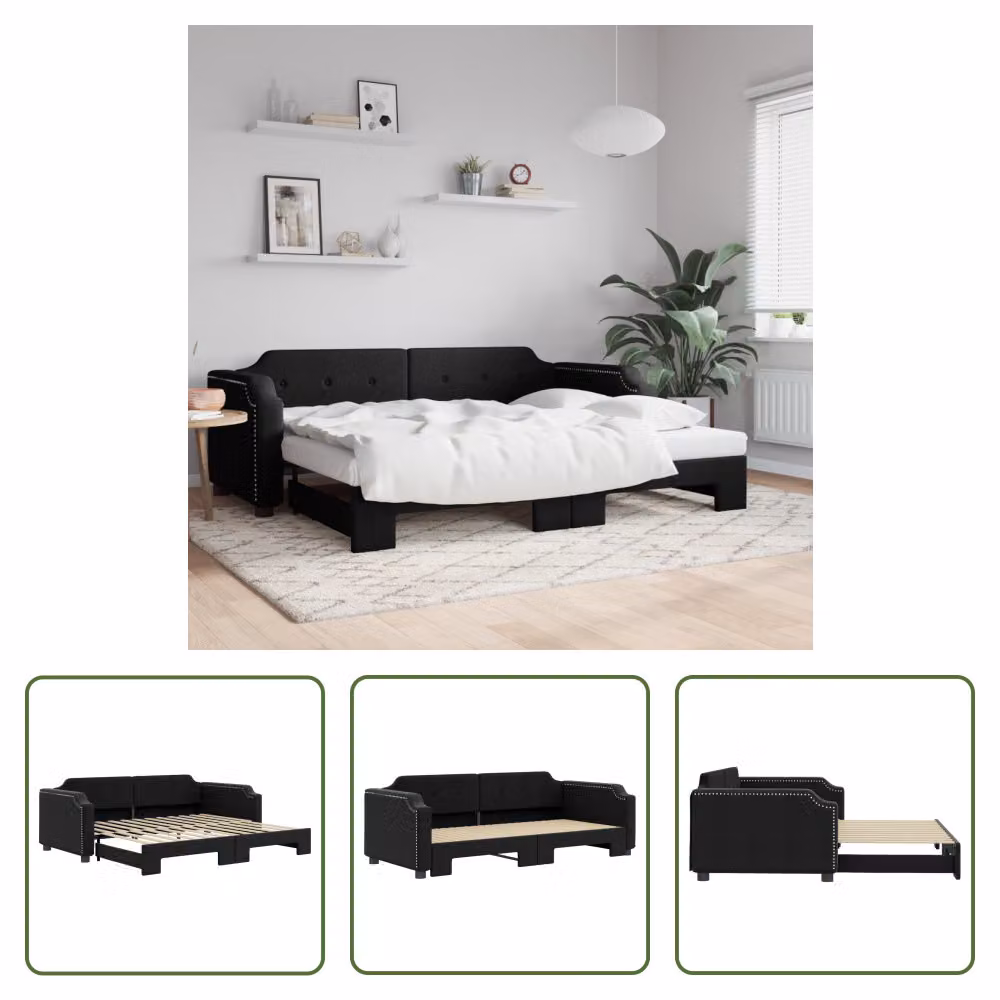 The Living Store letto da giorno allungabile nero 100x200 cm in tessuto