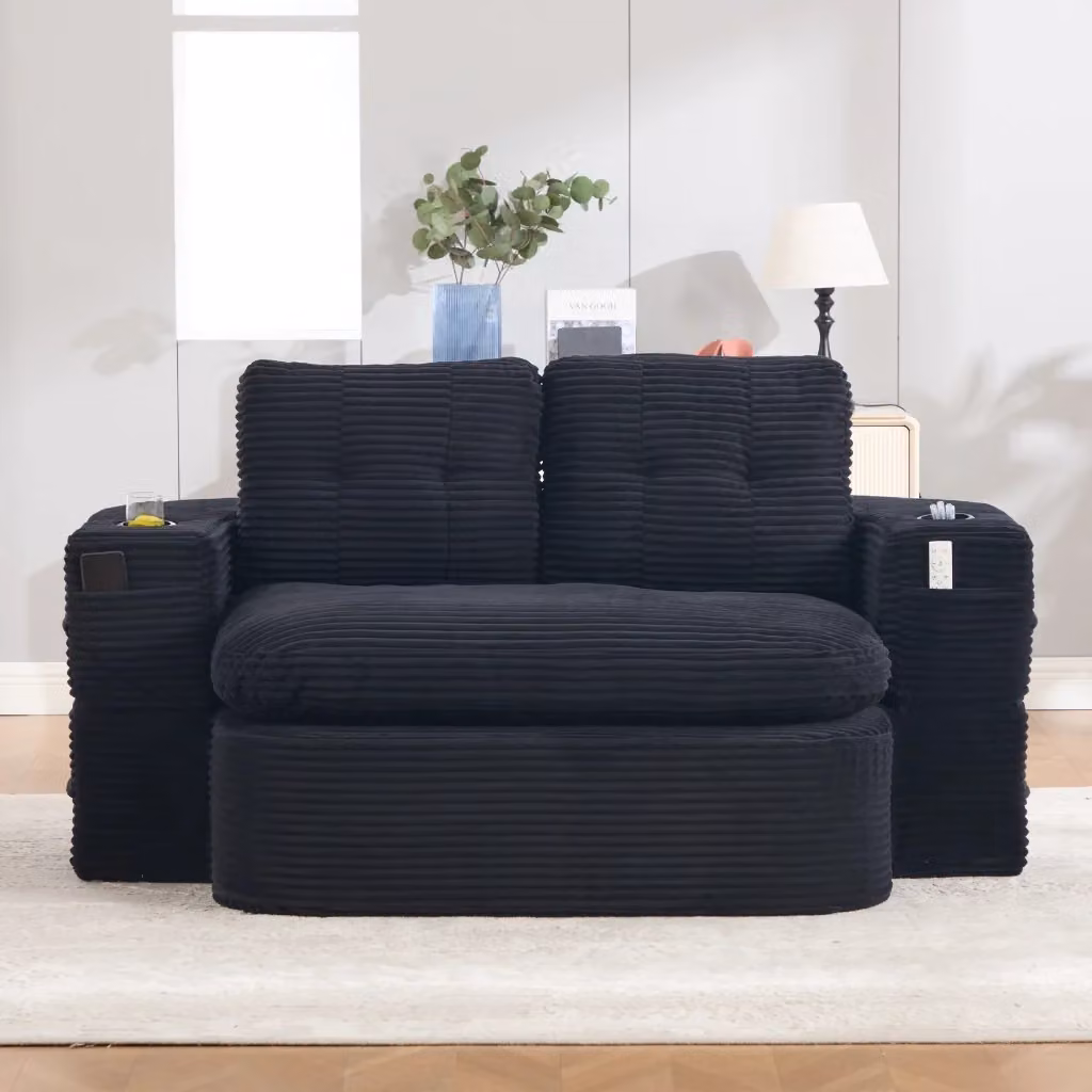 Poltrona letto 2 in 1 WISHDOR in velluto a coste nero con seduta extra profonda, schienale alto, doppi portabevande e tasche laterali – 2