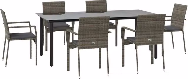 Set da pranzo da giardino Outsunny in rattan e metallo con piano in vetro, 7 pezzi, nero e grigio