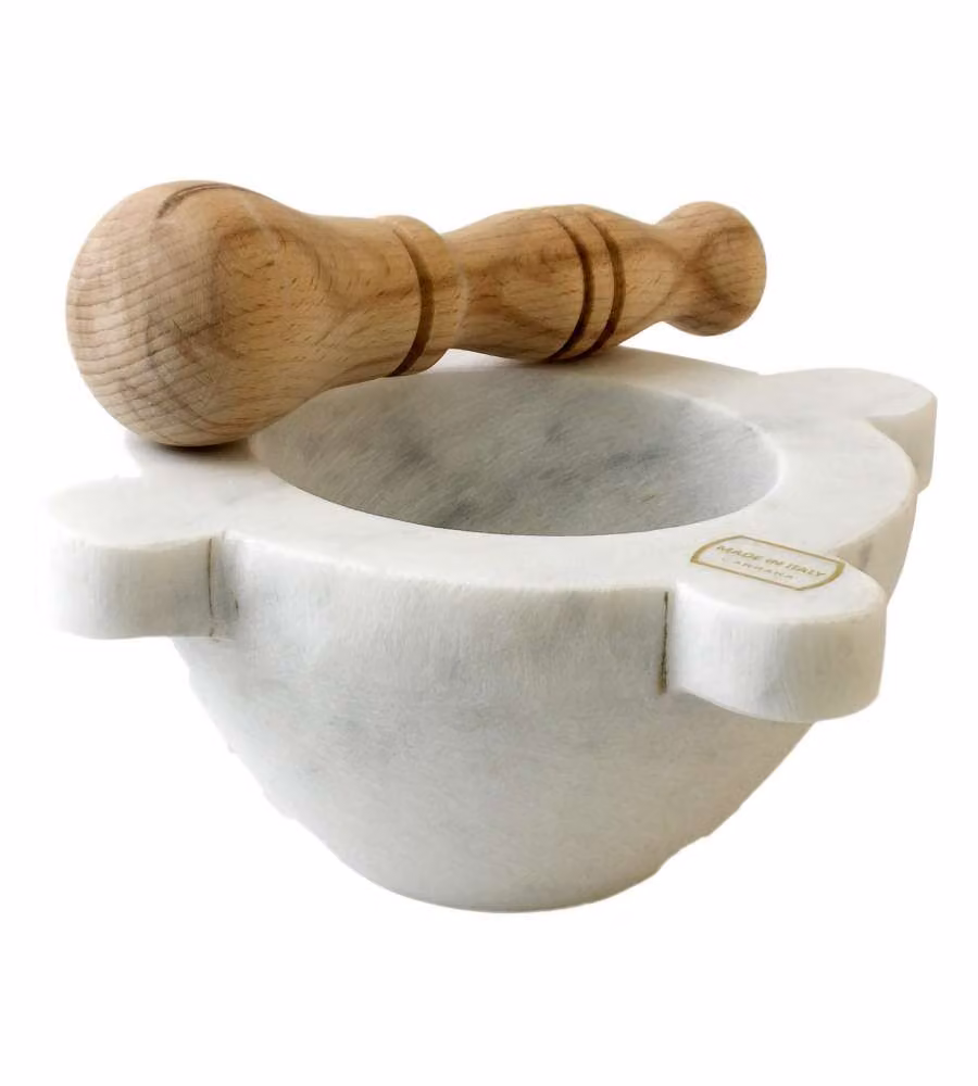 Mortaio CFadda in Marmo di Carrara Bianco con Pestello in Legno, L/P/H: 18 x 10 x 10 cm