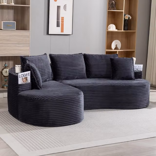 Divano moderno curvo a L in velluto a coste con portabicchieri, Larghezza: 250 cm – 1