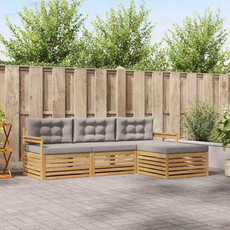 vidaXL Set di divani da esterno a L con pouf, struttura in legno di acacia e cuscini inclusi, Bianco e Grigio