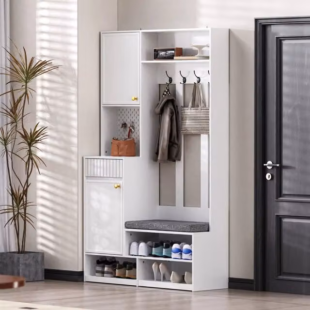 Mobile da ingresso con panca imbottita, 2 cassetti, vani aperti e 4 ganci, bianco in MDF, 100 × 35 × 180 cm