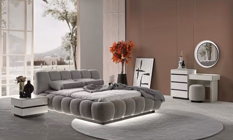 Set per camera da letto: letto, 2 comodini, tavolino da trucco, specchio da parete, poggiapiedi