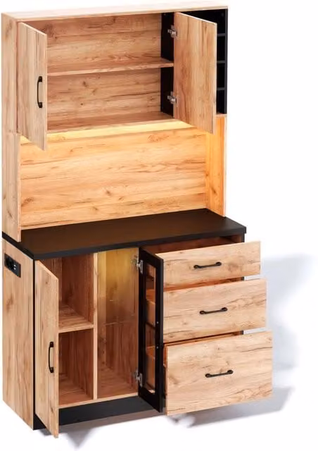 Armadio alto da cucina 105x40x180 cm nero e effetto legno con illuminazione LED e prese di corrente europee
