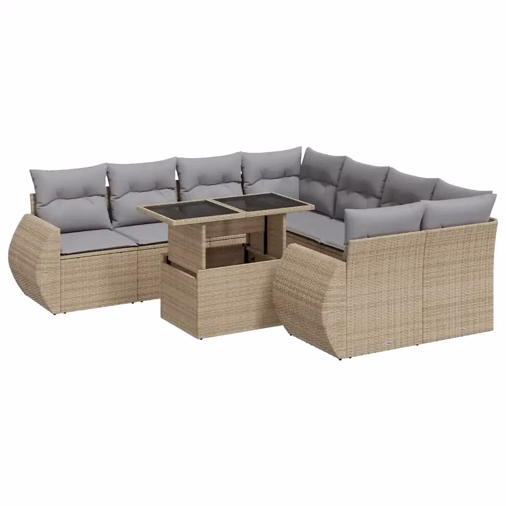 Set Divano da Giardino 9 pz vidaXL con Cuscini Beige e Tavolino in Polyrattan e Metallo – 2