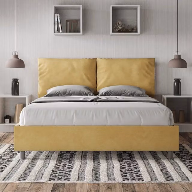 Letto matrimoniale alla francese Ityhome con contenitore in microfibra gialla L/P/H: 165 x 202 x 110 cm