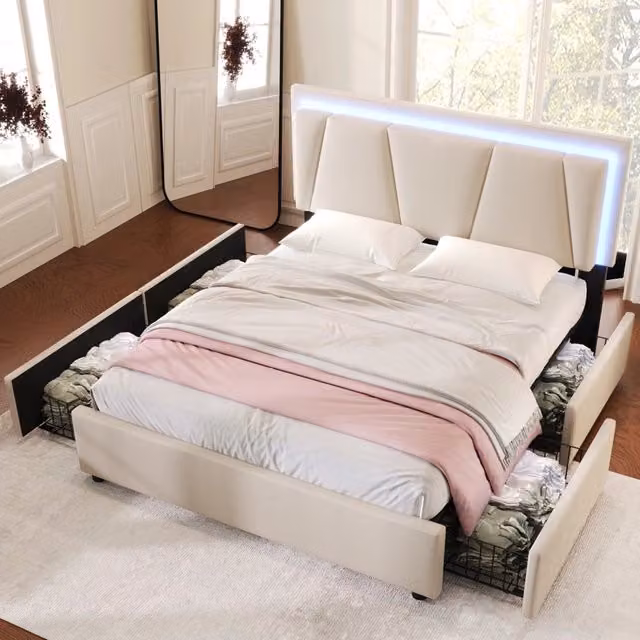 Letto matrimoniale imbottito 160 × 200 cm con LED e 4 cassetti testiera regolabile beige rete a doghe in legno