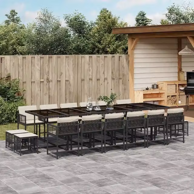 Set da pranzo da giardino vidaXL in polyrattan nero con cuscini e tavolo in vetro, 17 pezzi
