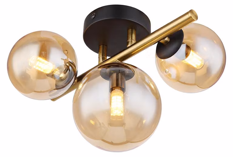 Plafoniera LED, globo di vetro ambrato, ottone, L 28 cm