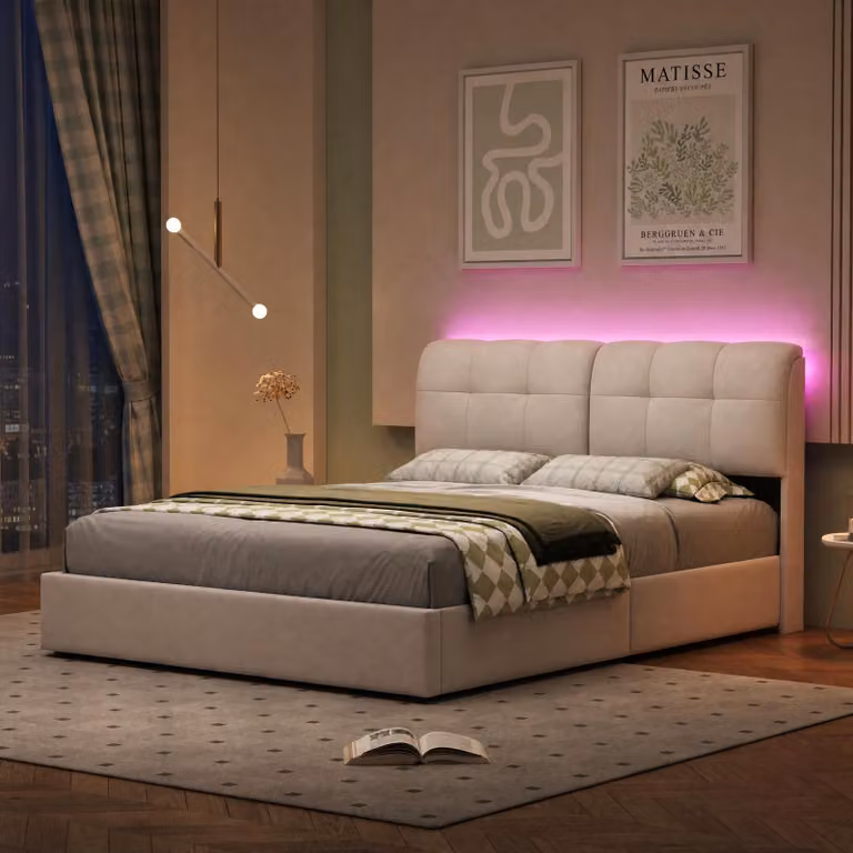 Letto imbottito ProximaX 160x200 cm con striscia luminosa a 7 colori - letto a molle con rete a doghe, contenitore e velluto - bianco beige