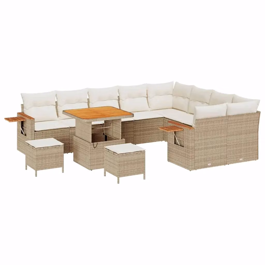 Set Divano da Giardino Moderno vidaXL con 9 Posti, Colore Beige e Bianco, con Cuscini e Tavolino, Struttura in Acciaio Verniciato a Polvere e Dettagli in Legno di Acacia – 2