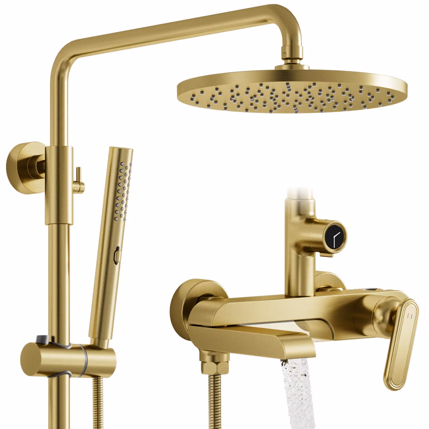 Sistema doccia con soffione a pioggia da 250 mm, doccetta manuale, 3 getti, finitura oro