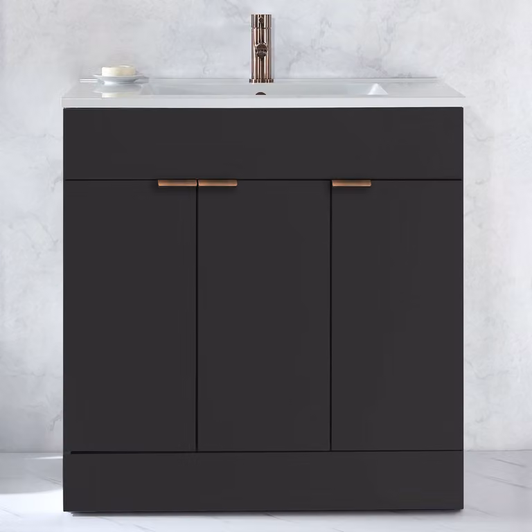 Mobile Bagno a Terra Grigio Nero da 810mm con Lavabo e Maniglie con Impugnatura a Dito in Bronzo Spazzolato - Cluo