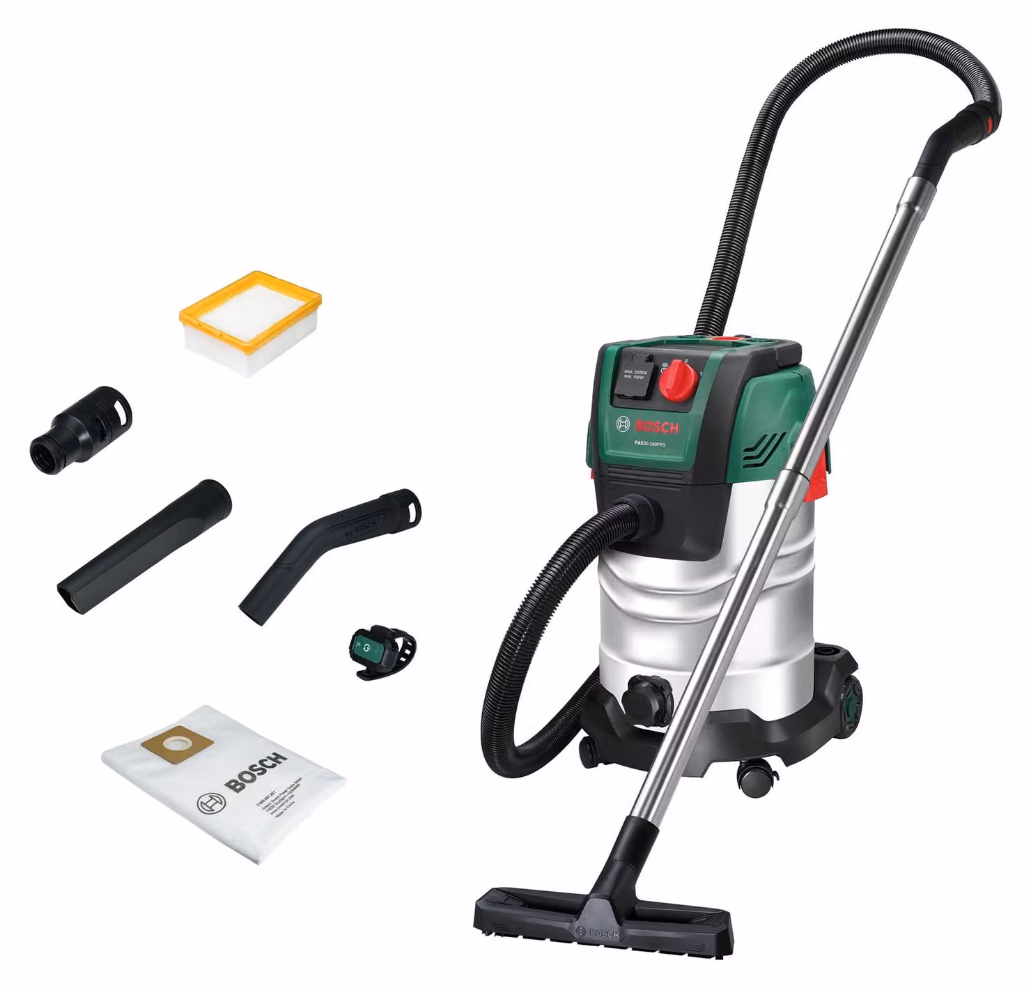 Aspirapolvere multiuso Bosch PAS30-240PRS, filtro pieghettato piatto, accessori, cartone