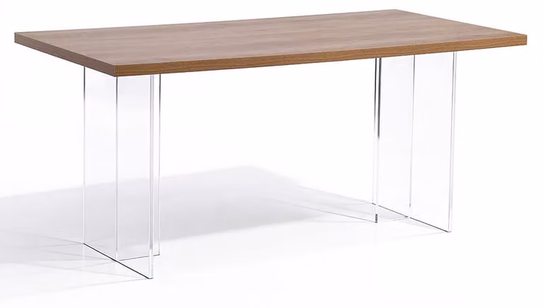 Tavolo rettangolare di 160x80 cm con piano in melaminico e gambe in acrilico trasparente, design contemporaneo, ideale per la sala da pranzo o l'ufficio – Elio/Holz