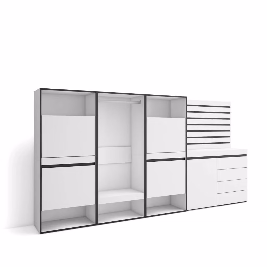 Scarpiera Moderna SKRAUT HOME con Cassettiera e Armadio Aperto, Bianco Opaco, L: 287 cm, P: 35 cm, H: 145 cm – 2