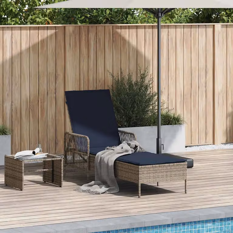 vidaXL Lettino da sole in polyrattan con poggiatesta regolabile, Grigio e Blu Navy