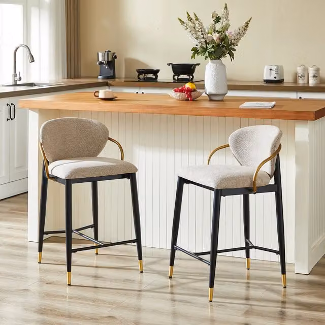 Set di 2 sgabelli da bar regolabili in altezza MINIMAL in tessuto chenille marrone chiaro con struttura in metallo nero e oro