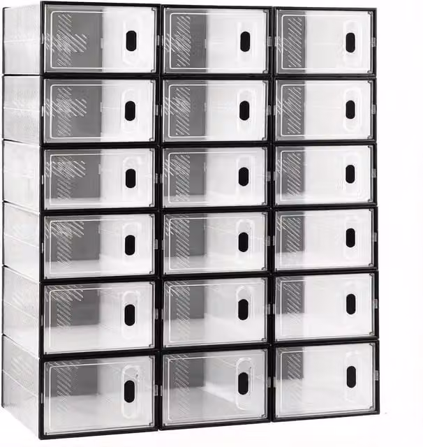 Set di 18 Scatole Impilabili per Scarpe in Plastica Trasparente con Telaio Rinforzato 25x18,5x35,5 cm
