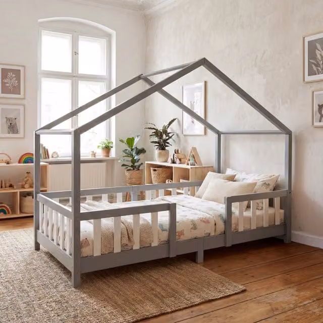 Letto per Cameretta Treviolo a Forma di Casetta in Stile Montessori 90x200 cm Grigio Chiaro/Bianco [en.casa]