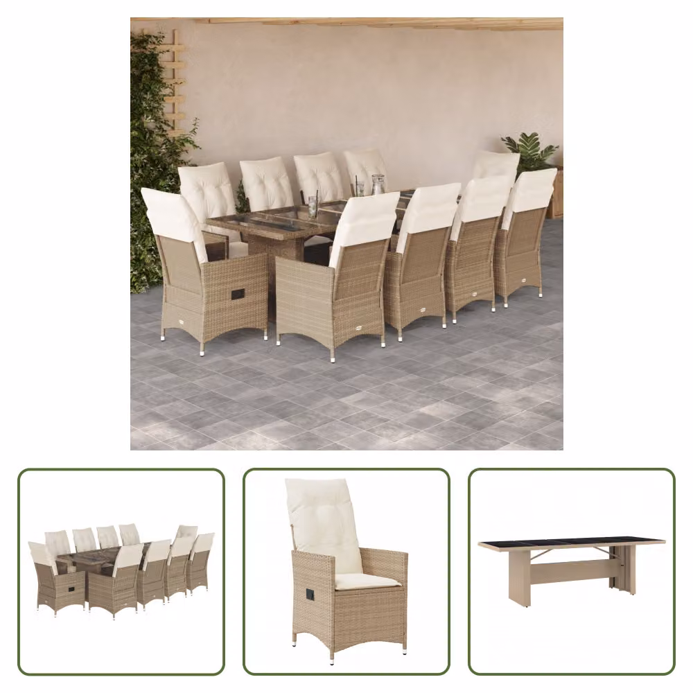 The Living Store Set bistrot da giardino 11 pezzi con cuscini Beige in poly rattan