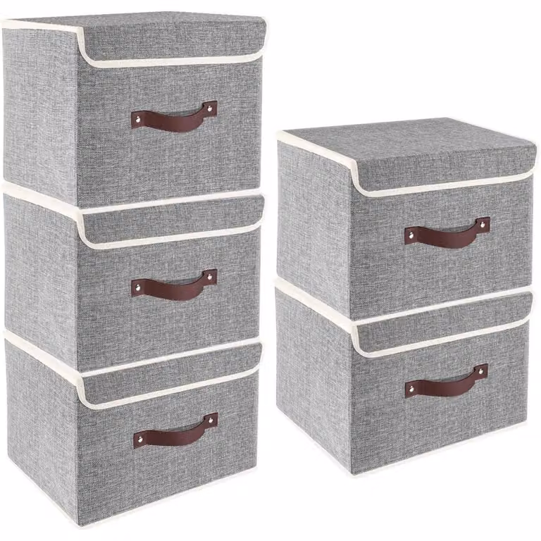 Contenitore pieghevole con coperchio, in tessuto, lavabile, dimensioni 38x25x25 cm, confezione da 5 pezzi, colore grigio