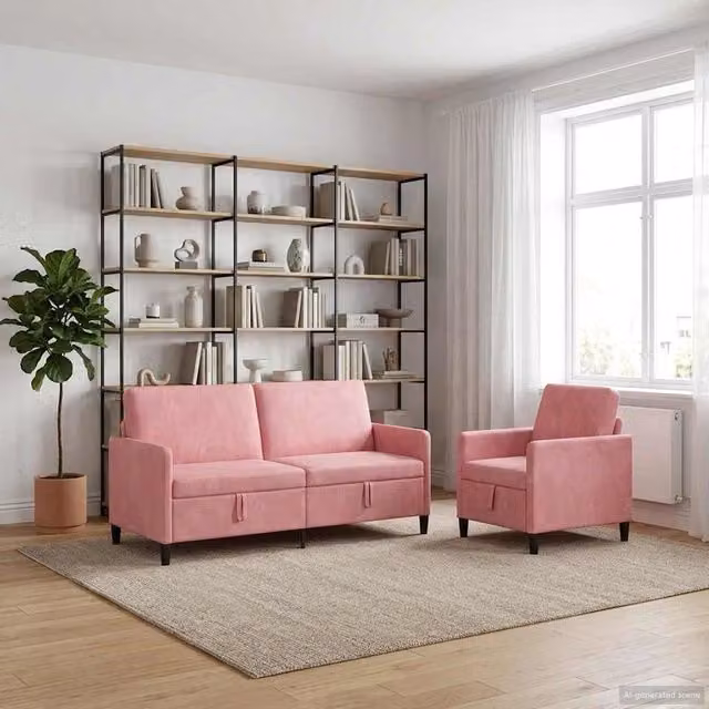 Set di divani moderni vidaXL con contenitore e seduta sollevabile, composto da divano a 3 posti, divano a 2 posti e poltrona, rivestimento in tessuto rosa e nero con coperture rimovibili e cuscini inclusi – 1