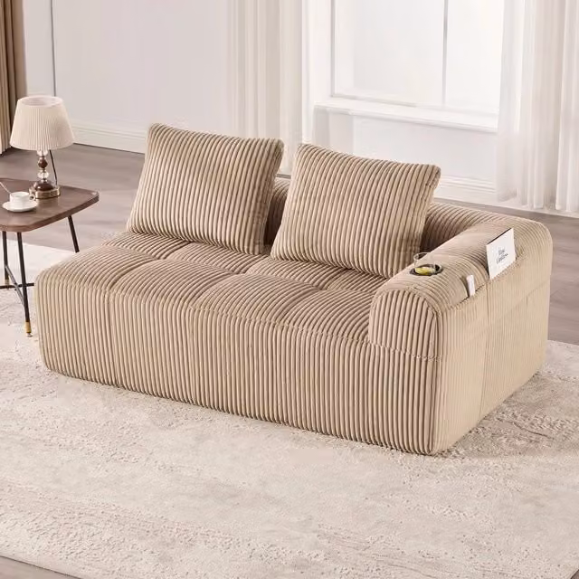 Divano 2 posti in tessuto corda ¨C Minimal ¨C con cuscini morbidi, tasche portaoggetti, portabevande