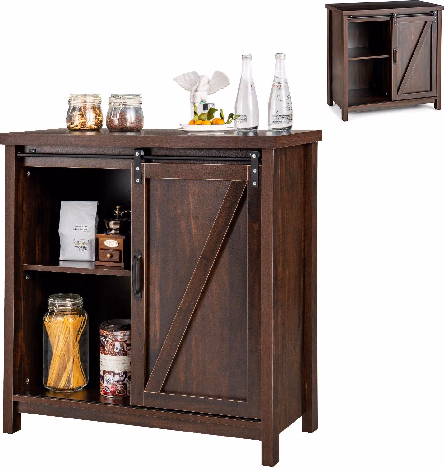 KOMFOTTEU Credenza a 4 ripiani, mobile da cucina moderno con ante scorrevoli, credenza da cucina in stile industriale, mobile da salotto o da ingresso, 80 x 40 x 82 cm, marrone