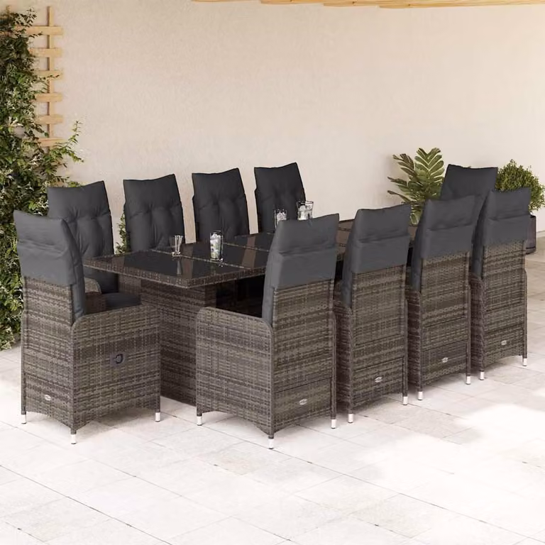 Set Bistrò da Giardino e Balcone vidaXL 11 pz in Polyrattan Grigio con Cuscini e Tavolo in Vetro