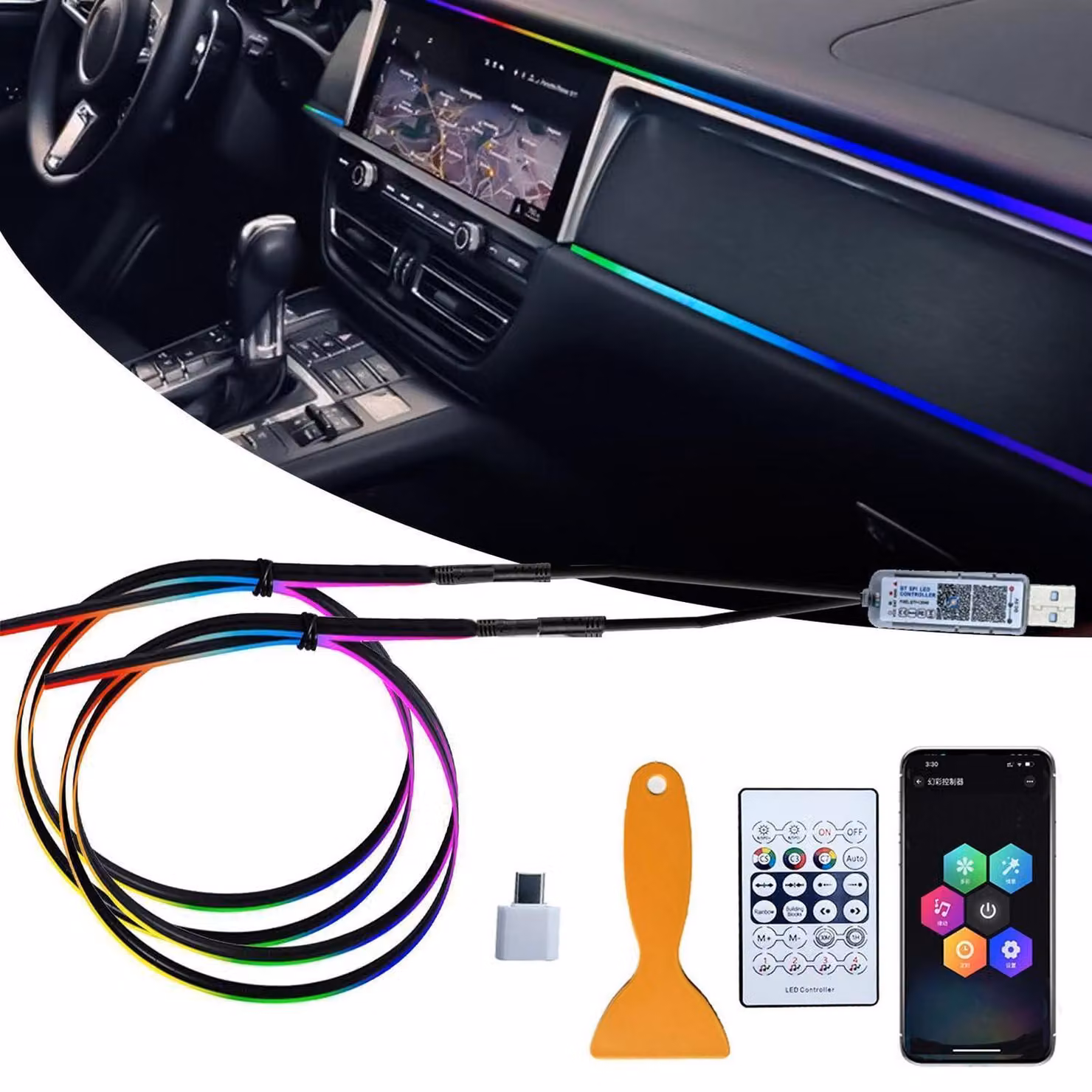 Illuminazione ambientale in acrilico per auto, LED interni 2 in 1, lunghezza 110 cm + 35 cm, 168 LED RGB, controllo tramite app/telecomando