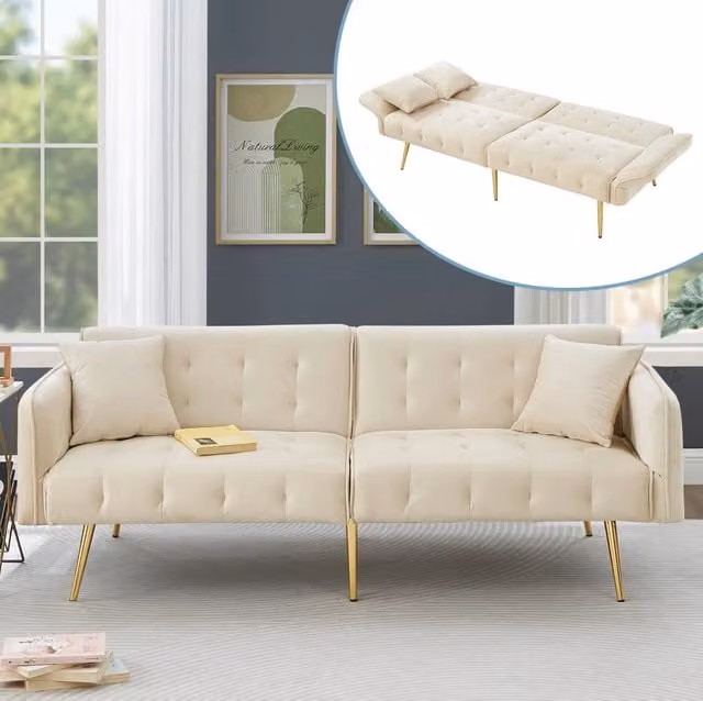 Divano letto a 2 posti 215x81.5 cm con schienale e braccioli regolabili in velluto beige