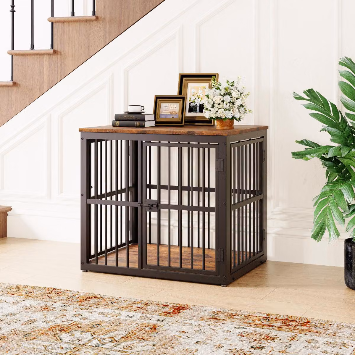 Gabbia per cani di 68,4x53x61 cm, mobile in colore nero e marrone, con 3 porte, e piano del tavolo resistente all'acqua, utilizzabile come tavolino