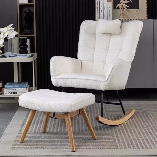 Sedia a dondolo MODFU bianca in tessuto bouclé con poggiapiedi e cuscino per testa, struttura in legno massello, Altezza: 92 cm, Seduta: 67 cm