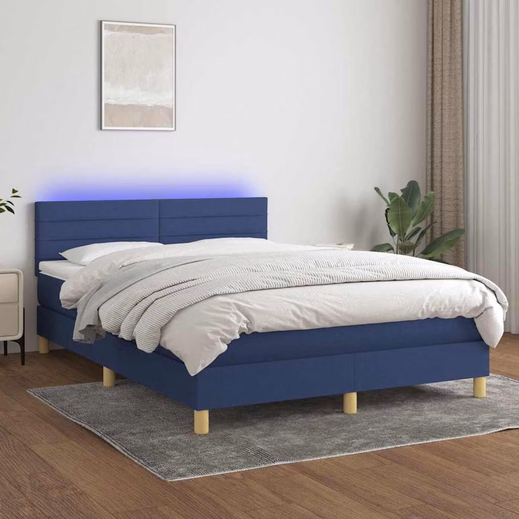 Letto Ibrido vidaXL con Materasso e Illuminazione LED Blu, Tessuto Bianco e Blu, L/P/H: 144 x 203 x 88 cm – 1